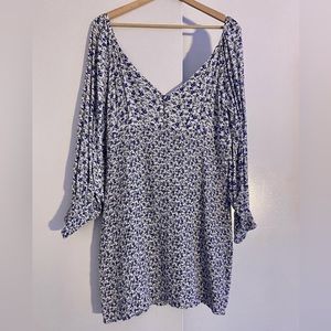 Asos blue floral long sleeve v neck ruched mini dress size 12